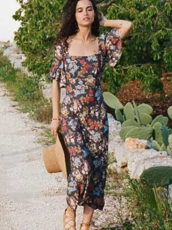 Spell Dresses & Skirts - SPELL Flora Midi Dress S Mystic Blue Floral Print Flutter Sleeve Boho Resortwear
